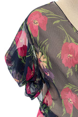 Prettiest 1930s Bias Cut Transparent Floral Print Silk Crepe Chiffon Dress w Capped Sleeves