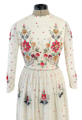 Exceptional 1960s Hand Sequinned Indian Silk Gauze Dress w Matching Veil or Shaw