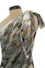 1970s Mollie Parnis Metallic Silver Gold & Copper Fluid Velvet One Shoulder Dress