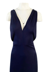 Important 1977 Halston Couture Navy Multi-Way Silk Jersey Plunge Dress w Extra Long Ties