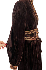 Late 1960s Oscar de la Renta Deep Brown Flat Velvet & Brocade Dress w Slit Sleeves & Lace Belt
