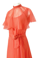 Prettiest 1970s George Stavropoulos Coral Silk Chiffon Dress Capelet & Sash