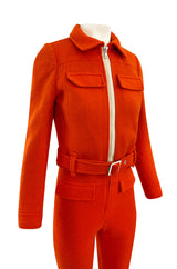 Rare 1970s Courreges Hyperbole Bright Orange Wool Jumpsuit & Matching Cropped Jacket