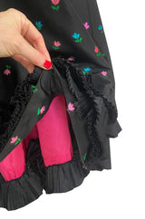 1970s Louis Mies Couture Level Black Silk Taffeta Dress w Embroidered Flowers & Ruffled Detailing