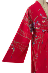 Gorgeous 1970s Hanae Mori Red Silk Kimono Caftan Dress w Sash & Beautiful Butterfly Print