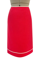 1980s Valentino Textured Wool Long Cut Jacket & Skirt Set in a Vivid Coral w Cream Trim