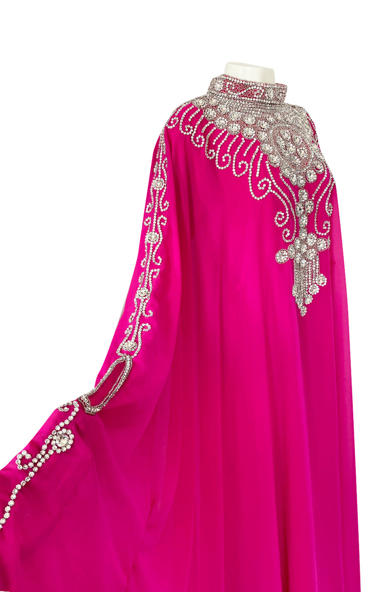 1980s Elaborate Crystal Covered Vibrant Pink Chiffon Caftan Dress