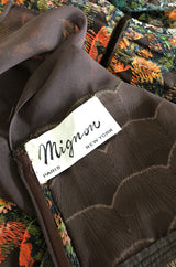 1960s Mignon Densely Embroidered on Brown Silk Chiffon Dress