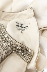 1960s Malcolm Starr Ivory Silk Dress w Rhinestone & Bead Adornments