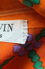 Numbered 1970s Lanvin Couture Fine & Light Silk Crepe Chiffon Printed Orange Sun Dress
