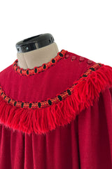 Runway Fall 1977 Yves Saint Laurent Red Wool Smock Dress w Fringe Yarn Detail