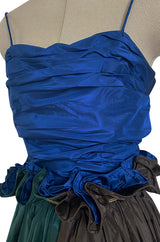 Dreamy 1970s James Galanos Blue Brown & Green Silk Dress w Ruffled Waist & Metallic Gold Trim