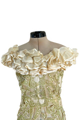 Early 1960s Carven Couture Pale Green Silk Organdy Embroidered Cut Out Dress