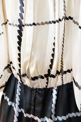 1970s Pauline Trigere Contrasting Black & White Silk Rope Print On or Off Shoulder Dress