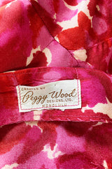 1940s Peggy Wood Pink Printed Silky Rayon Crepe Hawaiian Sarong Dress
