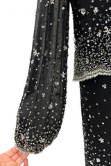 Gorgeous 1983 Halston Beaded Black Silk Chiffon Skirt & Jacket Set w Balloon Sleeves