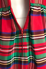 Early 1970s Geoffrey Beene Boutique Red Plaid Holiday Silk Taffeta Dress