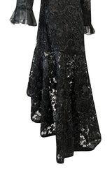 Spring 1987 Yves Saint Laurent Runway Black Net & Raffia High Low Dress w Ruffle Detail