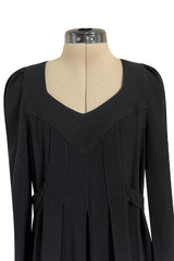 Incredible 1960s Ossie Clark Black Moss Crepe Dress w Capped Shoulders