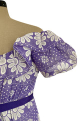 Late 1960s Anne Fogarty Soft Lavender Purple & White Floral Off Shoulder Empire Waist Dress