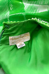 1960s Victoria Royale Green & White Print Silk Chiffon Beaded Dress