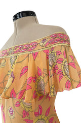 Prettiest 1960s Emilio Pucci Pink & Yellow Print on Peach Silk Chiffon Ruffled Off Shoulder Dress
