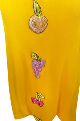 Early 1970s Bob Mackie Ray Aghayan Yellow Jersey Dress w Sequin Fruit
