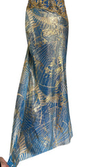 1980s James Galanos Gold Lame Blue Dress w Heavily Sequinned & Jewelled Strapless Bodice