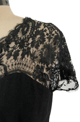 Gorgeous Late 1970s Pauline Trigere Black Wool Crepe Dress w Lace Skirt & Shoulders