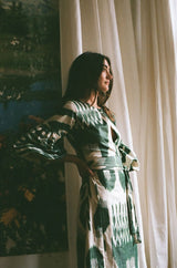 2018 Zazi Handmade Vintage Green & Ivory Cotton Ikat Caftan Dress