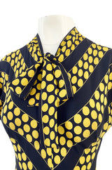 Gorgeous 1940s Yellow Dot & Deep Navy Black Chevron Print Silk Swing Dress