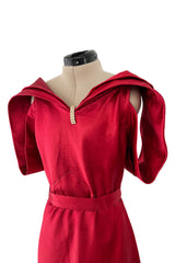 Stunning 1930s Hammered Silk Satin Deep Red Dress w Low Back & Unusual Sleeves