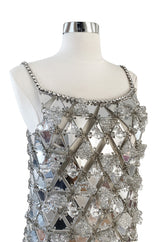 c.1967 Paco Rabanne Couture Mirrored Triangle, Metal, Rhinestone & Beaded Mini Dress w Matching Bag