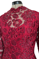 1986 Arnold Scaasi Couture Deep Red Lace Dress w Rhinestone Detailing & Trained Back Skirt