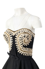 1950s Heavy Cotton / Canvas Strapless Dress w Hand Applied Cord Applique
