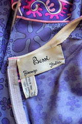 Gorgeous 1960s Bessi Light Purple & Pink Printed Silk Jersey Dress w V Neck & Slit Front