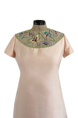 Late 1960s Malcolm Starr Butterfly Embroidered Collar Pale Pink Silk Shift Dress & Jacket Set