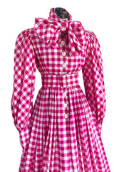 Spectacular Early 1960s Norman Norell Pink Gingham Silk Taffeta Dress w Bow & Pouf Sleeves