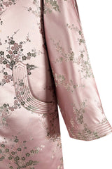 Prettiest 1960s Pink Silk Embroidered Asian Evening Coat w Top Stitched Cuffs & Collar