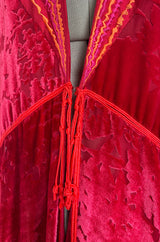Rare 1977 Thea Porter Couture Documented Cherry Red Fused Velvet Open Front Abaya Caftan