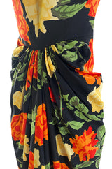 Brilliant 1957 James Galanos Large Floral Print Front Gathered Silk Evening Dress