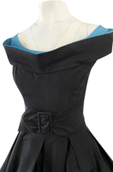 1950s Nettie Rosenstein Black Silk Full Skirted Dress w Interesting Blue Trim Neckline