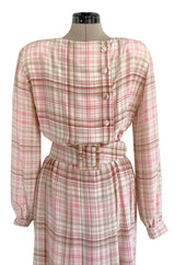 1980s Oscar De La Renta Pink Printed Belted Silk Dress & Boucle Coat w Silk Lining Set