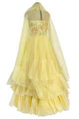 Spring 1977 Jean Louis Scherrer Haute Couture Strapless Floral Sequin Silk Dress w Matching Silk Cape