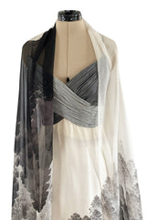 Spring 2000 Hanae Mori Haute Couture Forest & Butterfly Print Silk Chiffon Dress & Silk Huge Scarf