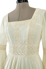 Romantic 1970s Victor Costa Mexican Wedding Dress Feel Ivory Cotton Gauze & Lace Dress