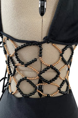 Incredible 1970s Loris Azzaro Open Gold & Black Bead Waist Dress w Halter Top & Bare Back