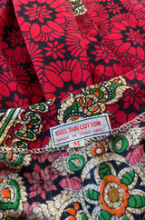 1960s Unlabeled Red Thai Print Cotton Caftan Dress w Frog Knot Detail