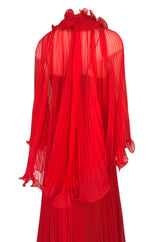 1970s Alfred Bosand Red Chiffon Accordion Pleat Dress & Matching Cape