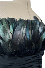 1980s Victor Costa Strapless Jersey Dress w Iridescent Feather Bodice Detail